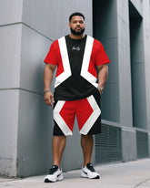 Men's Plus Size White & Red & Black Fashion Colorblock Crewneck Short-sleeved T-shirt Shorts Suit